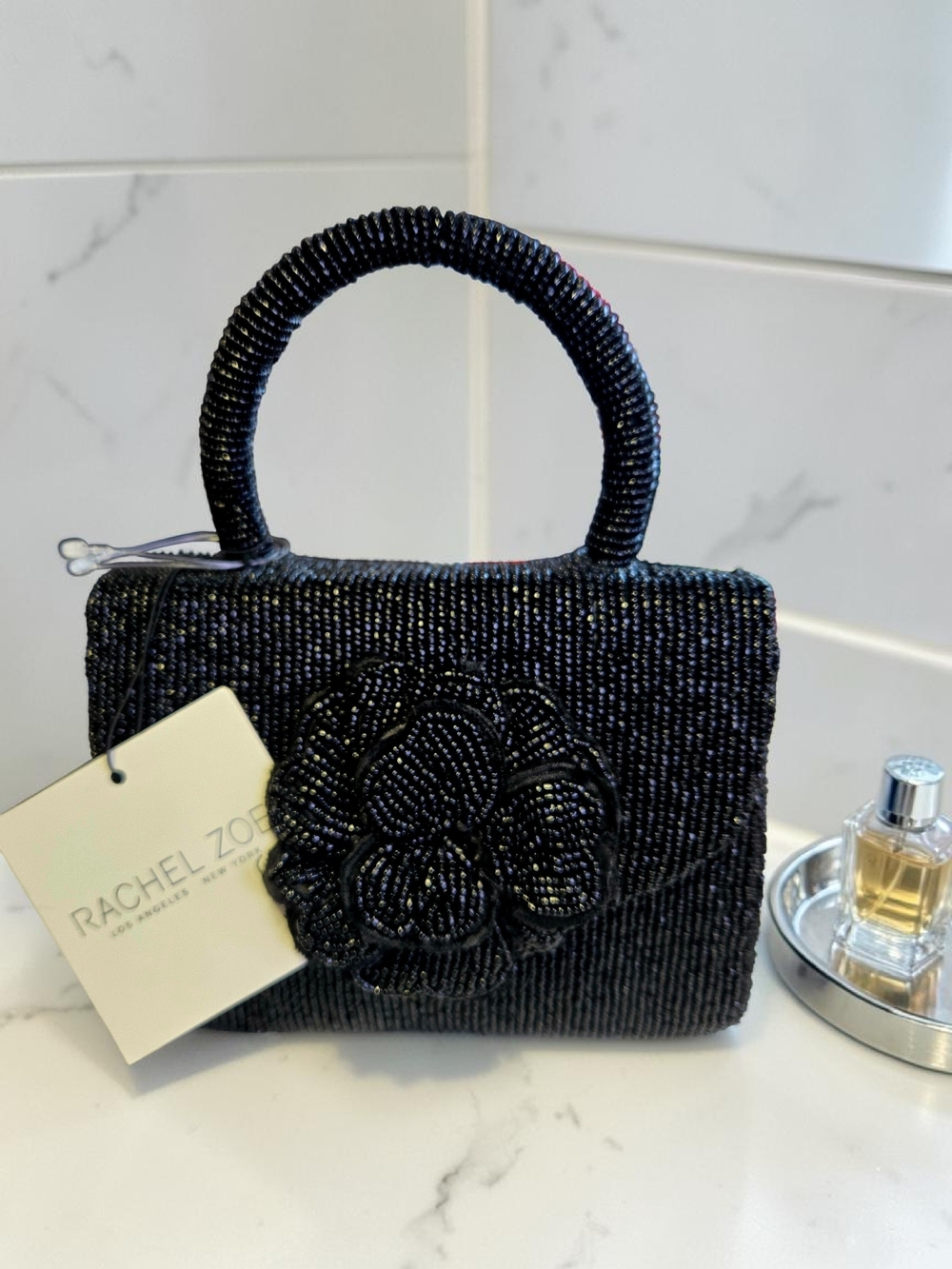 New RACHEL ZOE Black Beaded With Flower Crossbody Shoulder Bag 7"x6"x3" NWT